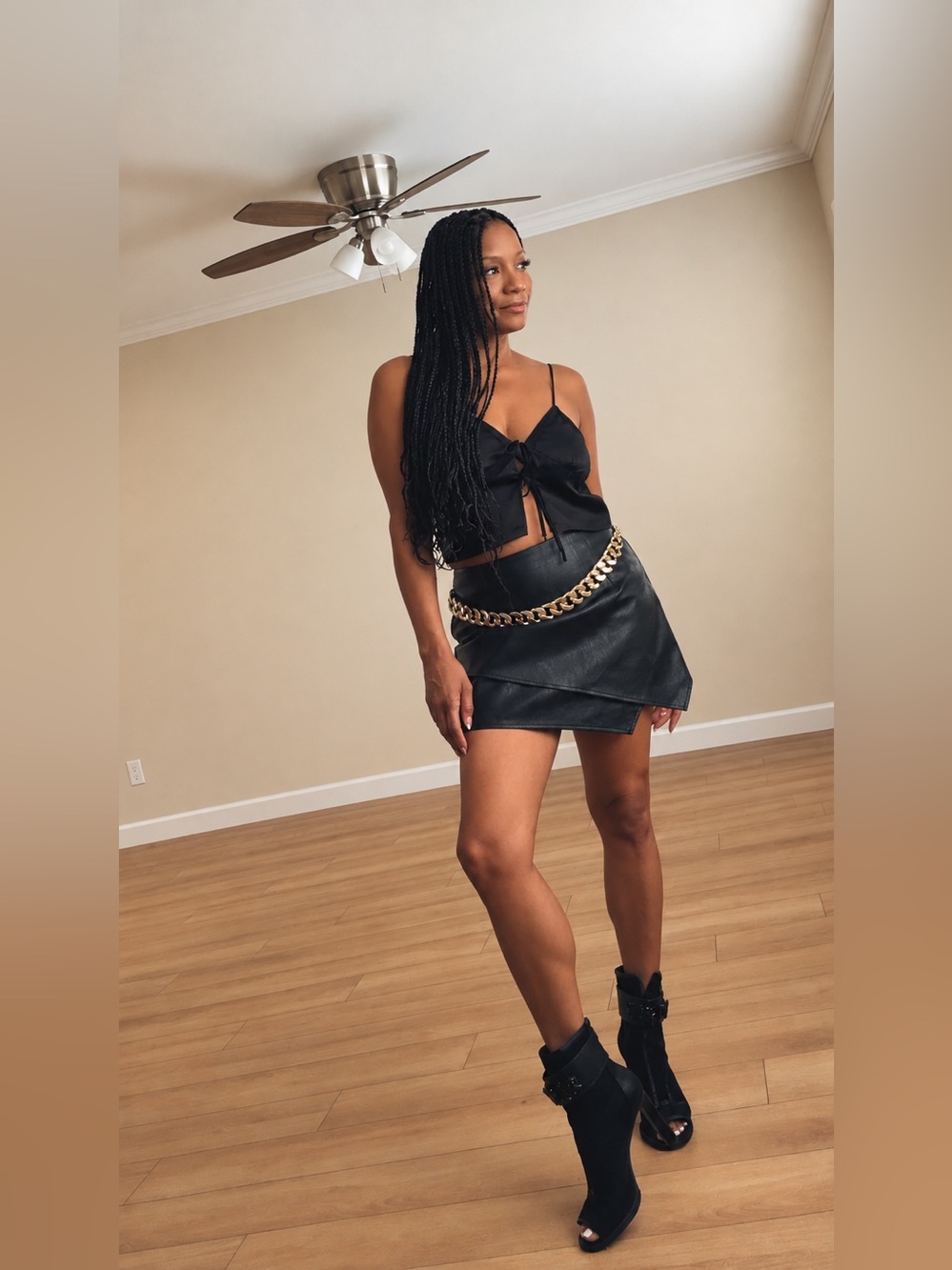 Lulu's Black Faux Leather Mini Skirt/shorts  with Gold Chain Accent